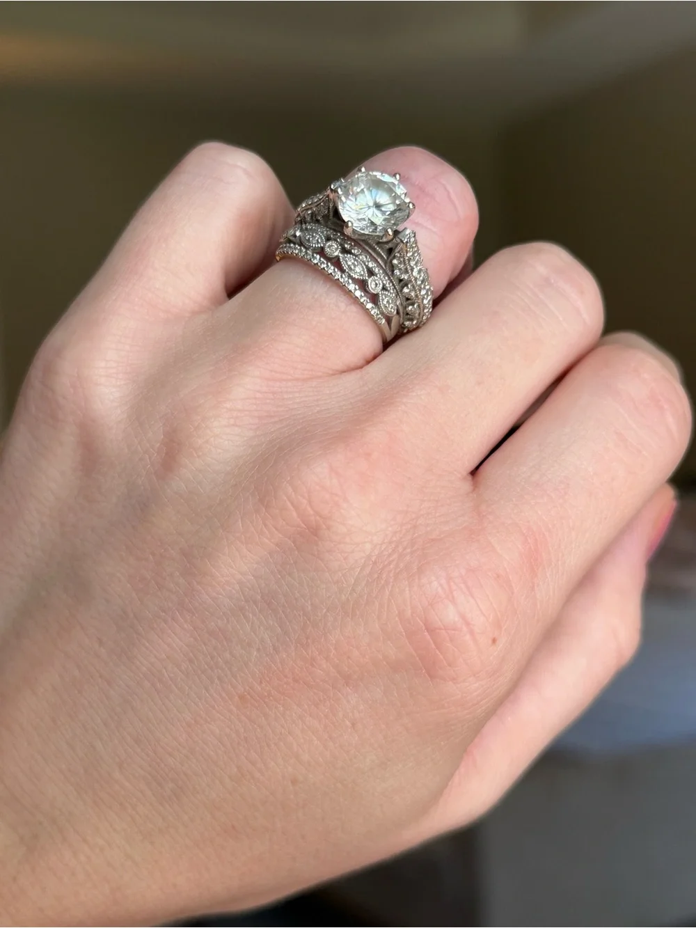 Vintage-Inspired Silver Bridal Ring Set with Clear Center Stone